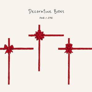 May include: Three red decorative bows with long ribbons, arranged in a cross shape, are displayed against a cream background. The text "Decorative Bows" and "PNG | JPG" are written in black script at the top.
