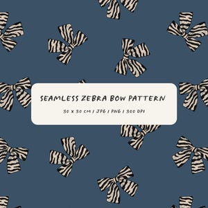 Puede incluir: Un patrón sin costuras con lazos con estampado de cebra sobre un fondo azul oscuro. Los lazos son blancos y negros, con un diseño repetitivo. La imagen incluye el texto "SEAMLESS ZEBRA BOW PATTERN" y dimensiones de 30 x 30 cm.