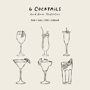 Pack de 6 illustrations de cocktails dessinées à la main PNG, SVG, Canva. Clipart de cocktail pour invitations, papeterie, design. Icônes