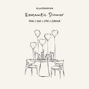 Puede incluir: Una ilustración en blanco y negro de un ambiente de cena romántica con dos sillas, una mesa, velas y globos en forma de corazón.