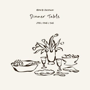 Puede incluir: Ilustración dibujada a mano de una mesa de cena. La imagen presenta un jarrón con flores, un cuenco de fruta, platos, vasos y cubiertos. El texto "Dinner Table" está escrito encima de la ilustración.
