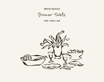 Hand drawn dinner table in SVG, PNG, and JPG formats. Tablescape for invitations, stationery, or branding. Dinner icon for invitations.