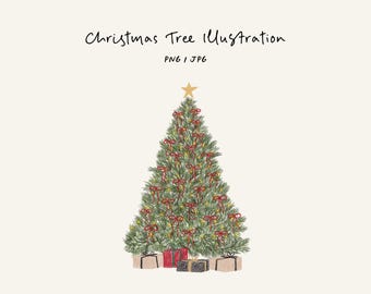 Christmas tree with bows and boxes PNG and JPG. Christmas illustration for cards, invitations, stationery, or social media.
