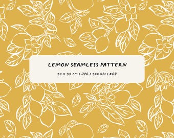 Seamless pattern of hand drawn lemons on a yellow background. Lemon background. Digital paper. Pattern for sublimation. Invitations