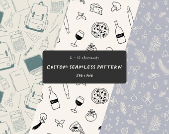 Exclusive custom seamless pattern with 6 - 10 illustrations. Custom hand drawn for fabrics, wallpaper, graphic design, marketing, stationery