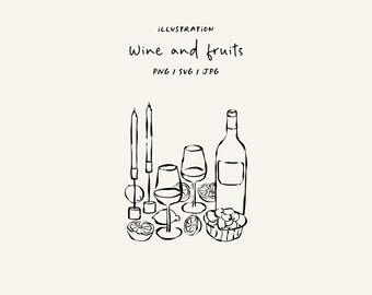 Table with wine, fruit, and candles, hand drawn SVG, PNG, JPG. Tablescape for invitations, stationery, or branding. Table icon.