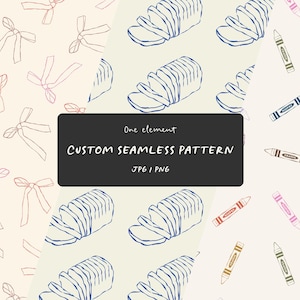 Puede incluir: Un diseño de patrón sin costuras personalizado con tres patrones distintos. Uno presenta lazos rojos y rosas, otro muestra pan en rodajas y el tercero crayones de colores. El diseño incluye el texto "One element CUSTOM SEAMLESS PATTERN JPG | PNG".