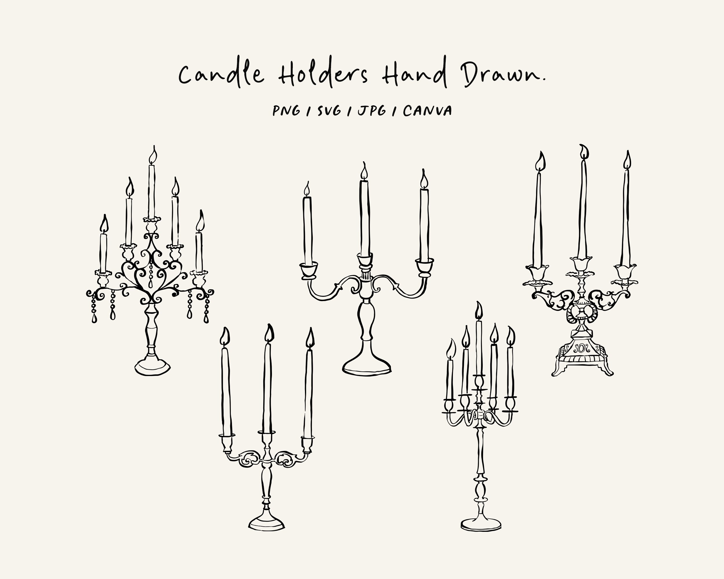 Hand drawn candles illustration SVG, PNG, Canva. Decorative candle holder set. Vintage chandelier sketch. Candle clip art