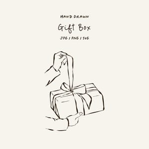 Puede incluir: Ilustración dibujada a mano de una caja de regalo con una cinta atada en un lazo. El texto "HAND DRAWN GIFT BOX" está encima de la ilustración, con "JPG | PNG | SVG" debajo. La imagen es en blanco y negro.