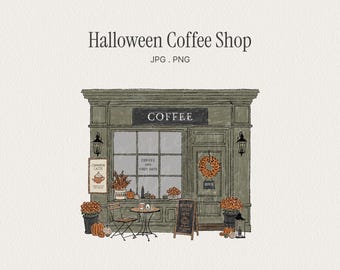 Halloween Coffee Shop Storefront Illustration. Fall Café Exterior. PNG & JPG