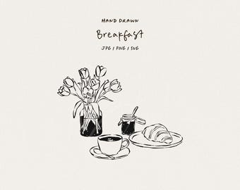 Hand drawn breakfast. Brunch Line Art Illustration with Tulips, Coffee and Croissant. Minimal Printable Wall Art