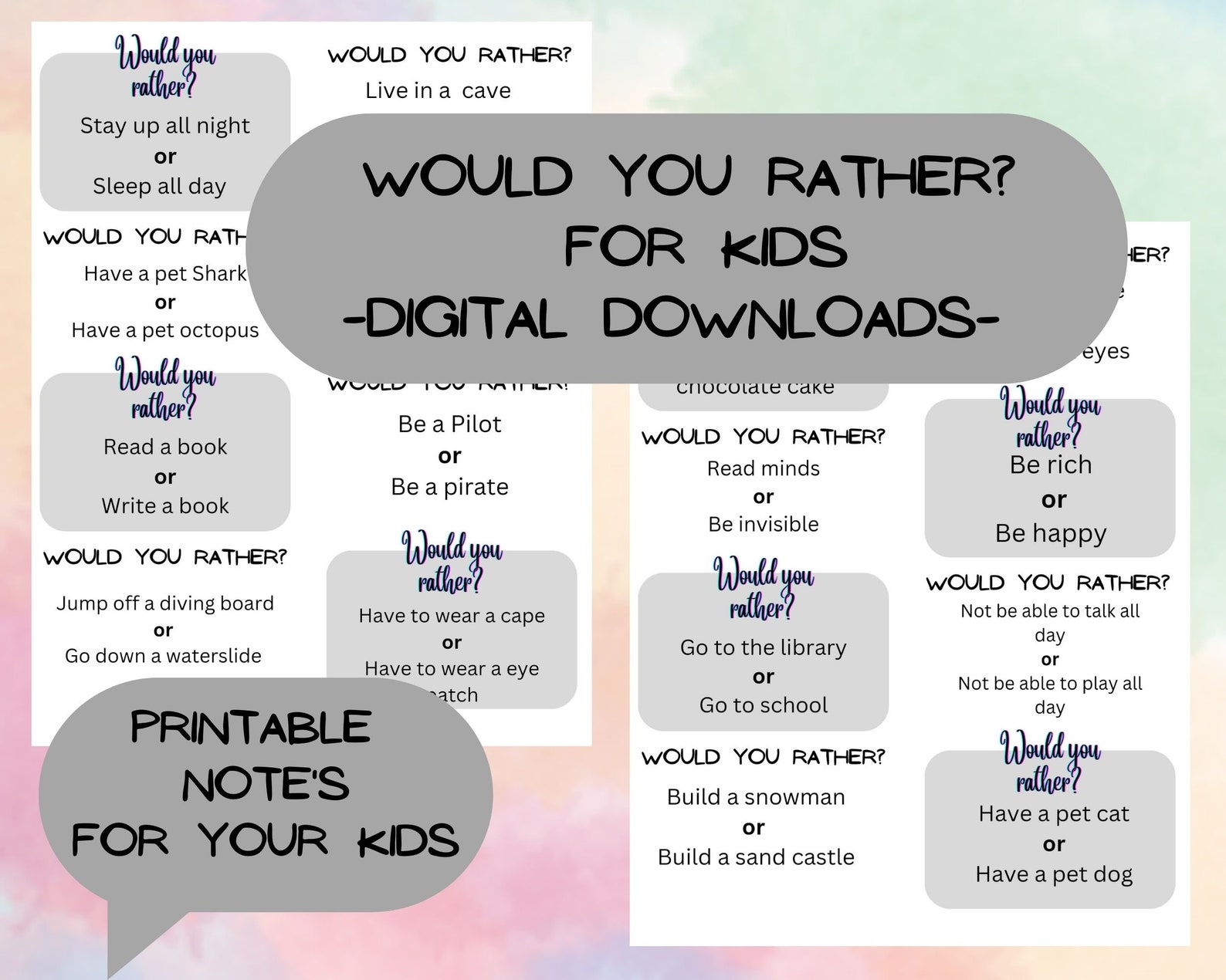 50 Printable Lunchbox Notes, Would You Rather for Kids, Family Game ...