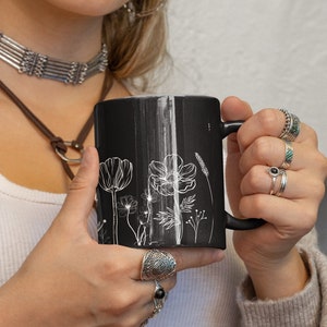 Floral Black Mug,  Flower Mug, White Flowers in a Black Mug, Gift for her, Elegant Mug, Simple Flowers Mug, Gift For Mom, Gift for GF