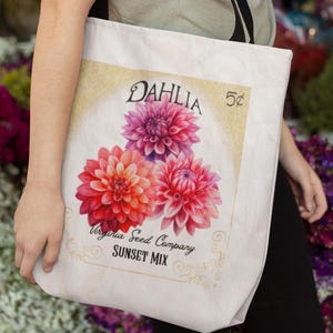 Benutzerdefinierte Dahlie Samen Paket Vintage Bauernmarkt Einkaufstasche, wiederverwendbare Einkaufstasche, personalisierte Geschenktasche, Bibliothek Tasche, Strandtasche, Pool Tasche