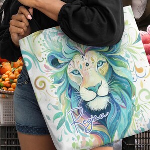 Personalisierte Tragetasche mit Namen, Familienurlaub, Strandausflug, Pool-Tasche, Bauernmarkt personalisierte Tasche, Leo-Geschenk, Löwe-Strandtasche