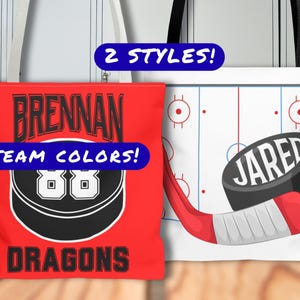 Personalized Bag for Hockey Fan with Name, Custom Bag for Hockey Player with Name and Team, Hockey Team Colors Tote with Number and Team