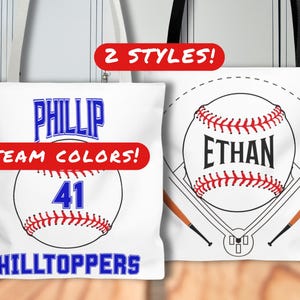 Personalized Bag for Baseball Fan with Name, Custom Bag for Baseball Player with Name and Team, Baseball Team Colors Tote with Number & Team