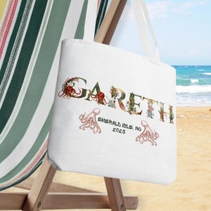 Benutzerdefinierte Tragetasche mit Namen, personalisierte Strandtasche für Teen Urlaubs- oder Pool-Tasche, personalisierte Ozean Alphabet, Familienurlaub Tasche