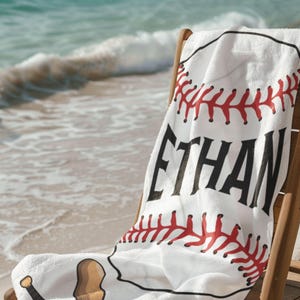 Custom Baseball Towel with Name, Baseball Beach Towel, Pool Towel, Personalized Towel, Sports Gift for Baseball Fan, Baseball Bath Towel