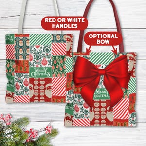 May include: Christmas-themed tote bags with patchwork patterns in red, green, and white. One bag has white handles, the other has red handles and a large red bow. The bags feature Santa Claus and "Merry Christmas" text.