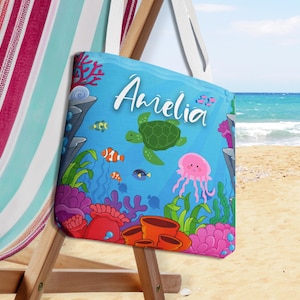 Benutzerdefinierte Tasche mit Namen, personalisierte Strandtasche für Urlaub oder Pool, personalisiertes Ozeangeschenk, Clownfischtasche, unter dem Meeresthema