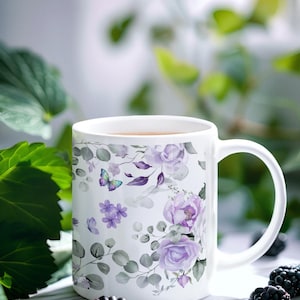Purple Flowers and Butterflies Spring Ceramic Mug, Floral Coffee Cup, Garden Tea Mug, Gifts for Her, Nature Lover Mug, Springtime Drinkware