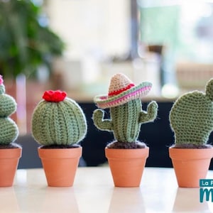 Peut inclure: Quatre cactus crochetés à la main dans des pots en terre cuite. Les cactus sont de formes variées, avec des corps verts et des accents de fleurs roses ou rouges. Un cactus porte un petit sombrero. L'image est sur une surface blanche.