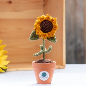 Puede incluir: Un girasol de crochet en una maceta de terracota con una base de lana marrón. La maceta tiene una pegatina con el texto "The Yarn Handle".