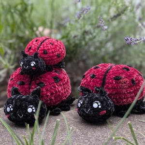 Peut inclure: Trois peluches de coccinelle en crochet avec des visages noirs et des corps rouges et noirs. Les peluches de coccinelle sont assises sur un rocher recouvert d'herbe verte.