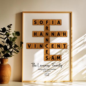 May include: A framed print with a white background featuring a scrabble tile word art design with the names Sofia, Hannah, Vincent, and Sam. The text "The Larsons Family" is below the word art and the text "Family is the most important in the world." is below that.