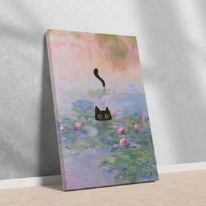 May include: A black cat with yellow eyes peeks out of a pond of water lilies. The water lilies are pink and the water is a light blue with a soft pink and purple background.