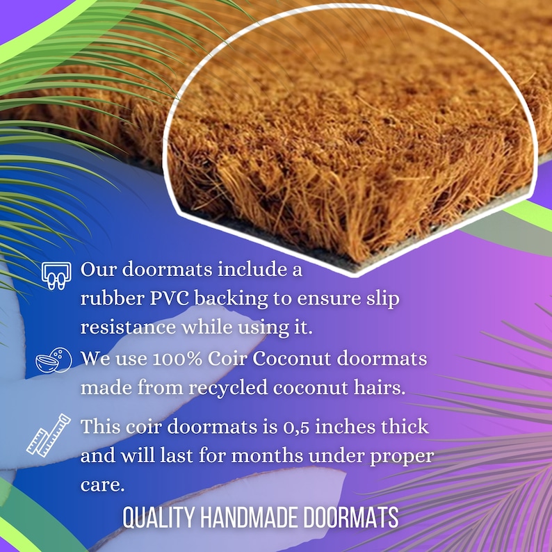May include: Close-up of a coir doormat with a rubber PVC backing. The doormat is made from recycled coconut hairs and is 0.5 inches thick. Text on the image states "QUALITY HANDMADE DOORMATS".
