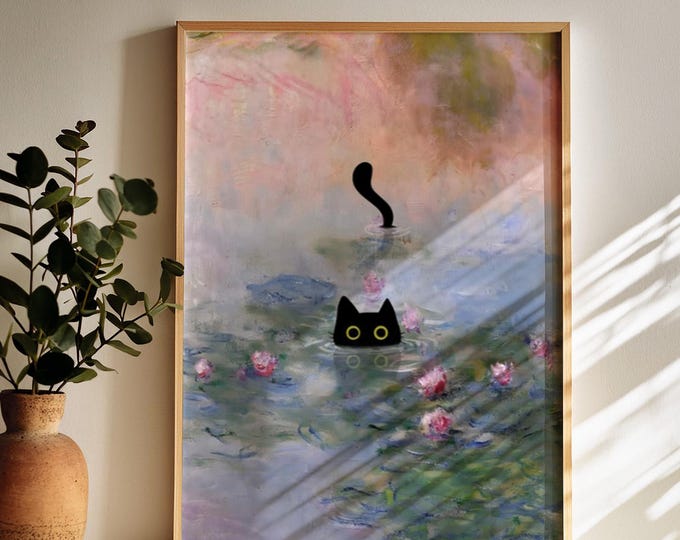Monet Waterlily Cat Print, Claude Monet Cat Poster, Cat Art, Floral Print, Wall Art, Monet Office Wall Decor, Living Room Wall Art, Cat Gift