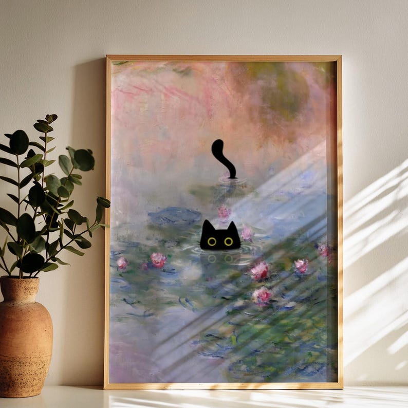 Monet Waterlily Cat Print, Claude Monet Cat Poster, Cat Art, Floral Print, Wall Art, Monet Office Wall Decor, Living Room Wall Art, Cat Gift