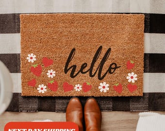 Hello Strawberry Doormat, Colorful Doormat for Spring, Strawberry Decor, Doormat Outdoor, Home Gift, Daisy Decor, Flower Mat, Home Decor