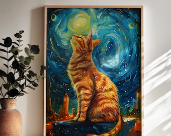Starry Night Cat Wall Art, Van Gogh Print, Framed Wall Art, Vintage Poster, Cat Wall Art, Van Gogh Wall Art, Colorful Print, Home Gift