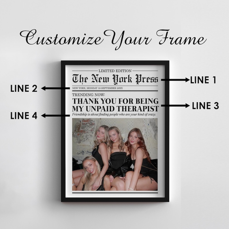 May include: A framed print of a newspaper article with the headline "The New York Press" and the text "Thank you for being my unpaid therapist." The article features a photo of four women.