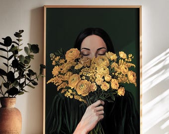 Woman With Yellow Flowers Wall Art, Floral Woman Portrait Print, Yellow Flower Bouquet Art Poster, Aesthetic Poster Frame, Gift for Her