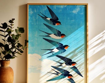 Swallow Birds Art Poster, Japanese Inspired Framed Art, Flying Birds Wall Art, Housewarming Gift, Modern Wall Decor, Bird Lover Gift