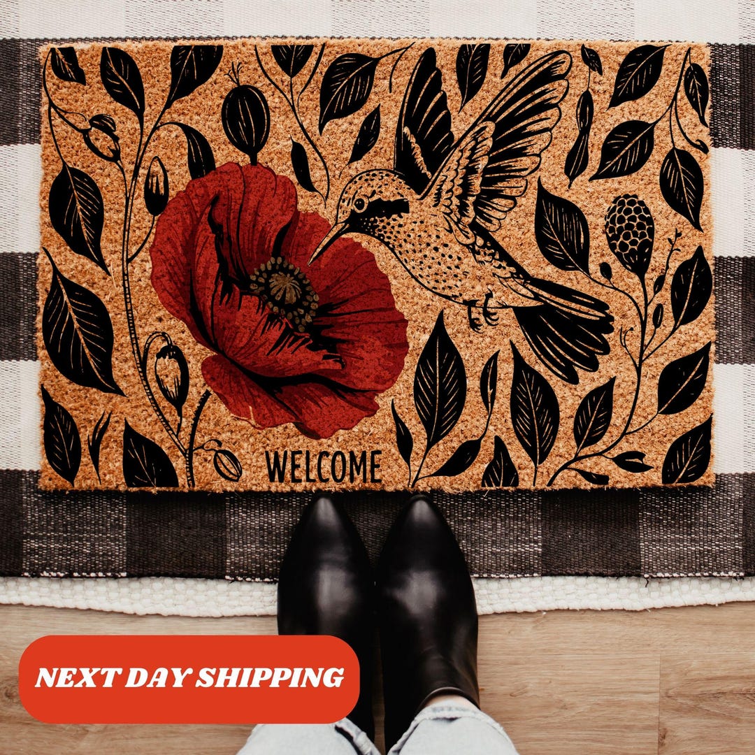 Hummingbird Welcome Mat Hummingbird and Poppy Flower Doormat, Colorful Doormat, Housewarming ...
