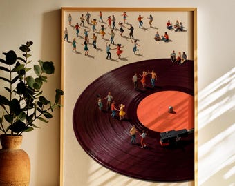Lámina decorativa de pared enmarcada con diseño de personas bailando en vinilo, decoración musical retro, regalo para un nuevo hogar.