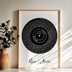 May include: Black and white printable art print featuring a vinyl record with lyrics from the song "21 Guns" by Green Day. The text "Milan & Amelie" is printed below the record.