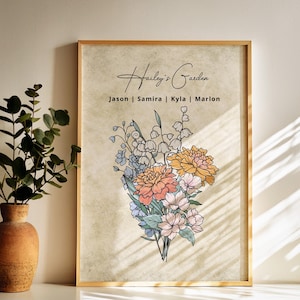 May include: A framed print with a floral bouquet in shades of pink, yellow, and blue. The text "Hailey's Garden" is written in cursive at the top of the print. Below the bouquet, the names "Jason | Samira | Kyla | Marlon" are listed.
