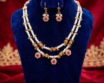 Antique Gold Plated Ruby Mala Necklace Set|Indian Wedding Jewelry with Earrings |Traditional Pearl Ethnic BollywoodStyle Adjustable Necklace