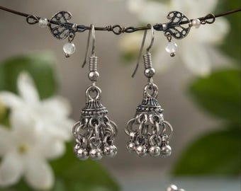 Oxidized Silver Mini Jhumka Earrings, Delicate Tribal Gypsy Dangle Drops, Tiny Indian Bell Earrings, Bohemian Silver Jewelry Gift for Her