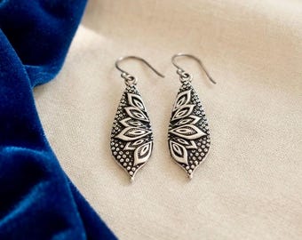 Oxidized Silver Marquise Leaf Earrings, Layered Paisley Textured Dangle Drops, Antique Indian Boho Earrings, Geometric Gypsy Jewelry Gift