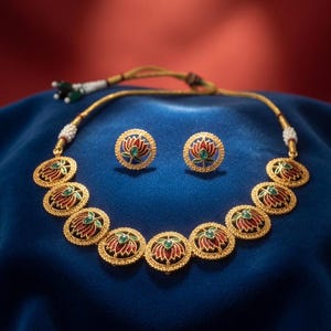 Ruby Green Lotus Meenakari Necklace Set Gold Plated Indian Choker Necklace Ethnic Temple Jewelry Bridal Festive Set with Earrings