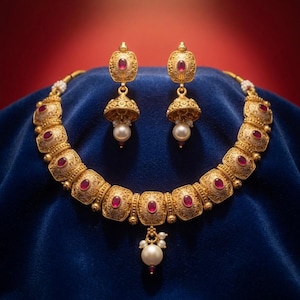 Red Meenakari Antique Gold Necklace Set | Indian Bridal Choker with Earrings | Ruby Wedding Jewelry | Heavy Gold Look Statement Set