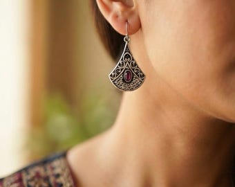 Oxidized Silver Ruby red Stone Earrings, Tribal Filigree Pyramid Dangle Drops, Antique Indian Boho Earrings, Geometric Gypsy Jewelry Gift