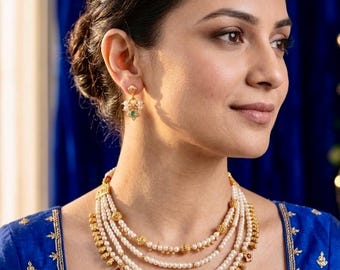 Conjunto de collar de perlas de 5 hileras chapado en oro antiguo / Joyería de boda india con pendientes / Regalo tradicional de perlas Moti Mala de color verde rubí en capas para mujer